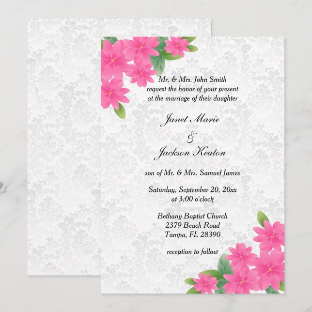 Invitación floral rosa y Boda blanco (Anverso / Reverso)