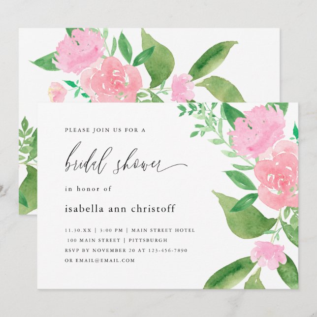 Invitación Floral rosa y Boda caligráfica ducha de novia (Anverso / Reverso)