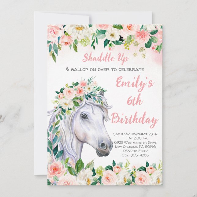 Invitación Floral rosa y caballo 6ª fiesta de cumpleaños (Anverso)