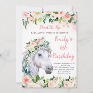 Invitación Floral rosa y caballo 6ª fiesta de cumpleaños