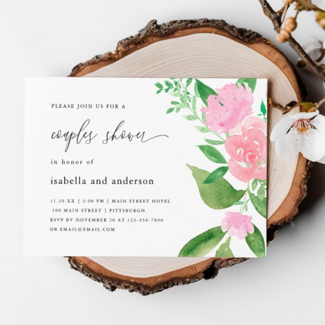 Invitación Floral rosa y caligrafía Boda duchas de parejas (Subido por el creador)