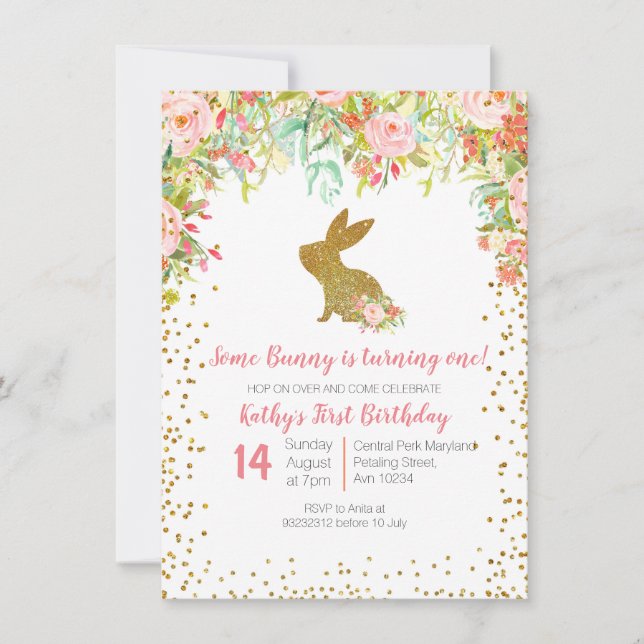 Invitación Floral rosa y conejo dorado Cumpleaños Floral (Anverso)