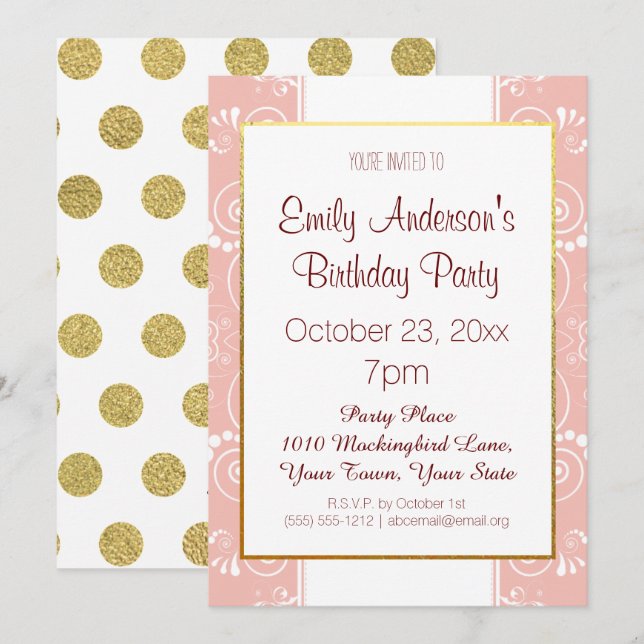 Invitación Floral rosa y dorada (Anverso / Reverso)