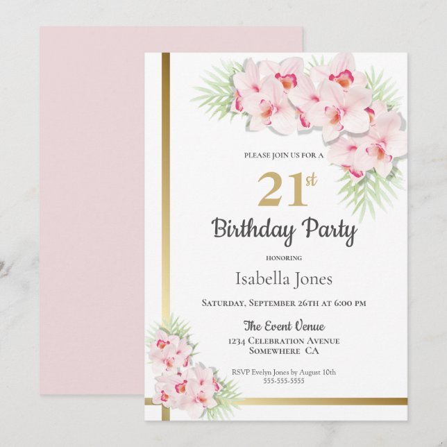 Invitación Floral rosa y dorada 21ª Fiesta de cumpleaños (Anverso / Reverso)