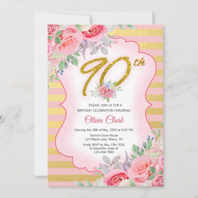 Invitación Floral rosa y dorada 90 cumpleaños (Anverso)