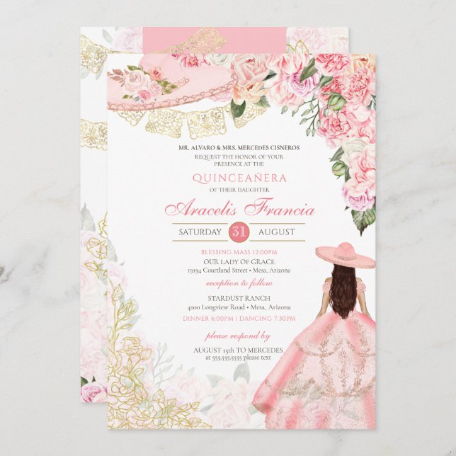 Invitación Floral rosa y dorada Charra Occidental Quinceanera (Anverso / Reverso)
