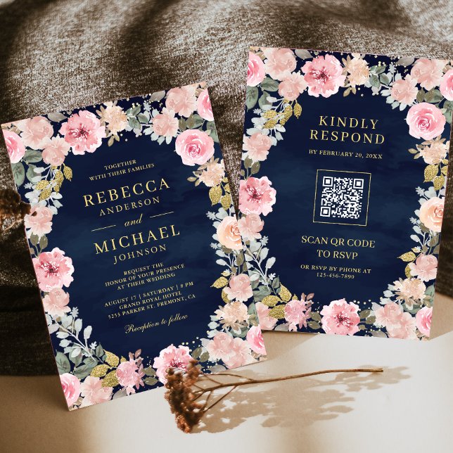 Invitación Floral rosa y dorada Código QR Boda azul de la Mar (Subido por el creador)