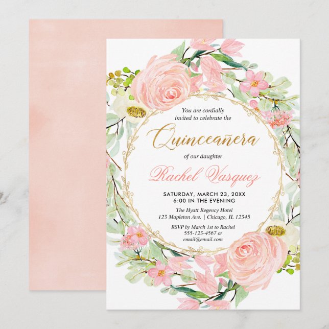 Invitación Floral rosa y dorada de Rubor Quinceanera (Anverso / Reverso)