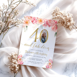 Invitación Floral rosa y dorada foto 40 cumpleaños