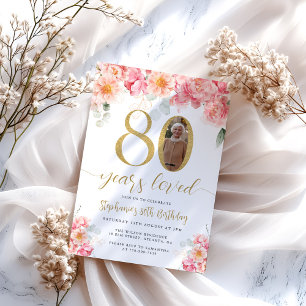 Invitación Floral rosa y dorada Foto 80 cumpleaños