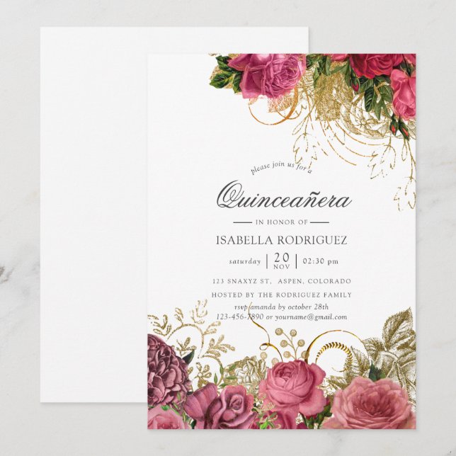 Invitación Floral rosa y dorada Quinceañera (Anverso / Reverso)