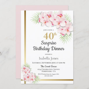Invitación Floral rosa y dorada sorpresa 40º cumpleaños cena