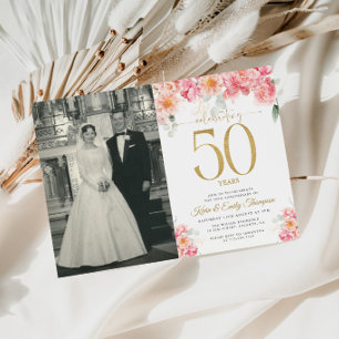 Invitación Floral Rosa y Dorado 50 Aniversario