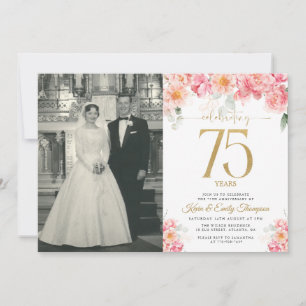 Invitación Floral Rosa y Dorado 75º Aniversario