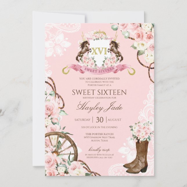 Invitación Floral rosa y elegante Escudo Cowgirl Ranch dulce  (Anverso)