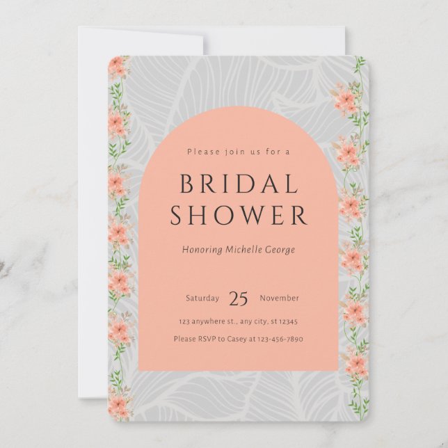 Invitación Floral rosa y gris ducha de novia (Anverso)