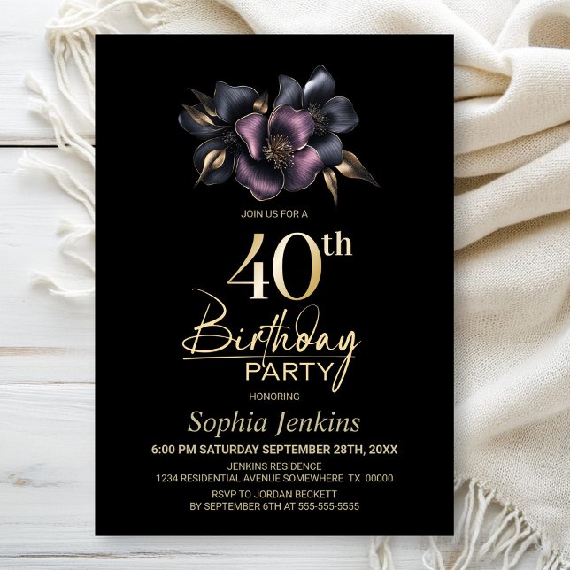 Invitación Floral rosa y gris oscuro 40 Fiesta de cumpleaños (Subido por el creador)