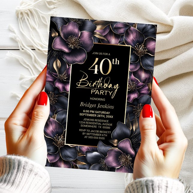 Invitación Floral rosa y gris oscuro 40 Fiesta de cumpleaños (Subido por el creador)