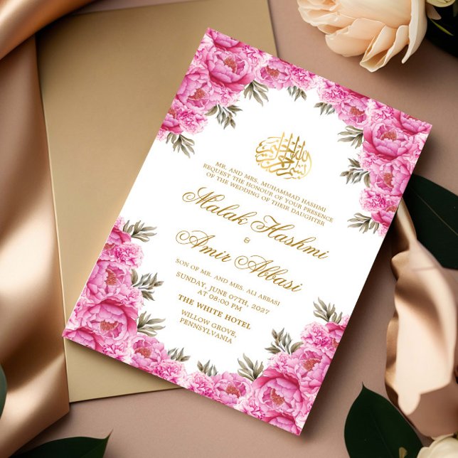 Invitación Floral rosa y hoja verde Boda musulmana islámica (Subido por el creador)