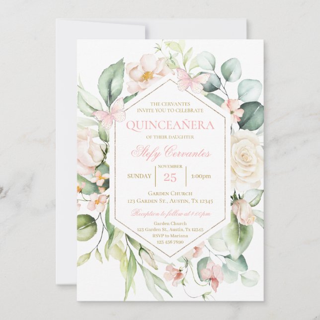 Invitación Floral rosa y mariposa Quinceañera (Anverso)