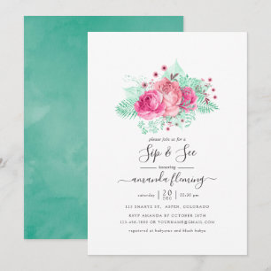 Invitación floral rosa y menta para sip and see