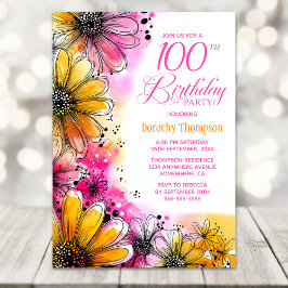 Invitación Floral rosa y Naranja 100 cumpleaños