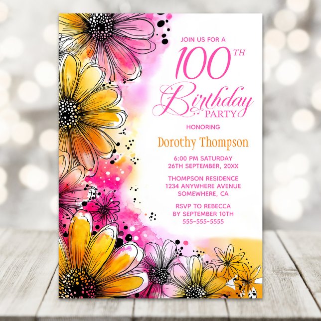 Invitación Floral rosa y Naranja 100 cumpleaños (Subido por el creador)