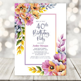 Invitación Floral rosa y Naranja 40. Fiesta de cumpleaños