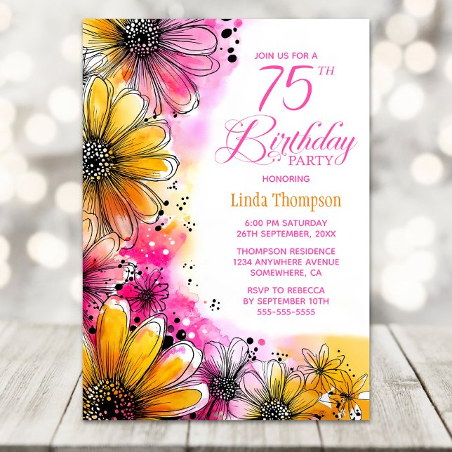 Invitación Floral rosa y Naranja 75ª fiesta de cumpleaños (Subido por el creador)