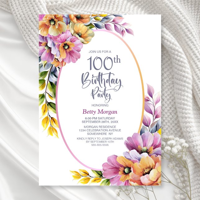 Invitación Floral rosa y Naranja moderna 100 cumpleaños (Subido por el creador)