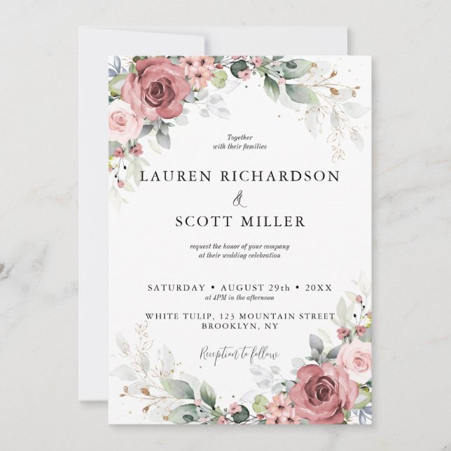 Invitación floral rosa y polvorienta roja (Anverso)