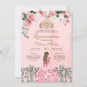 Invitación Floral rosa y princesa de oro cuento de hadas Quin