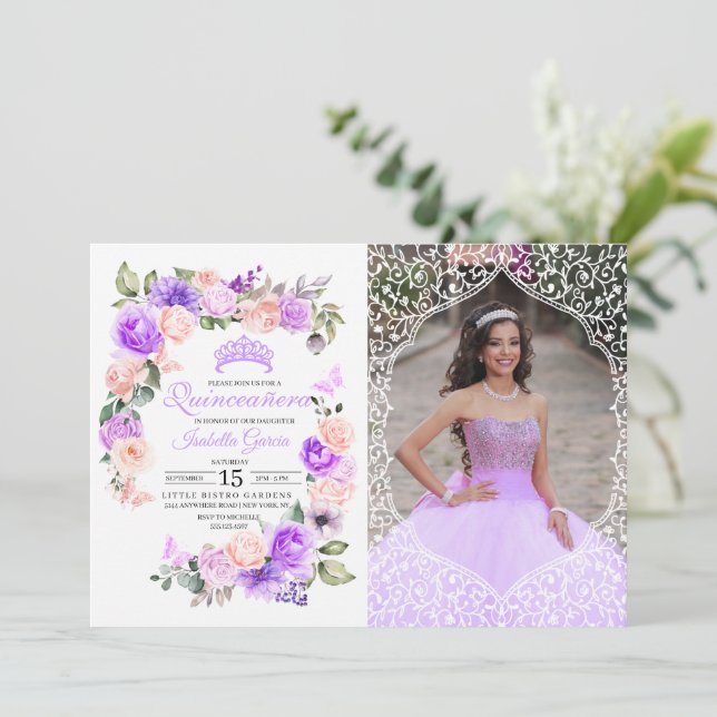 Invitación Floral rosa y púrpura Quinceanera foto de cumpleañ (Anverso de pie)
