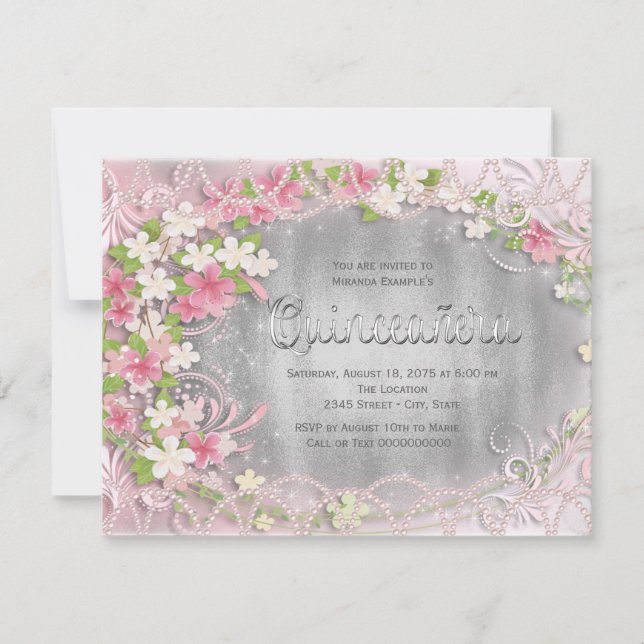 Invitación Floral rosa y Relieve metalizado plateado Quinceañ (Anverso)
