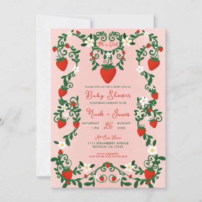 Invitación Floral rosa y roja Vines Strawberry Baby Shower (Anverso)