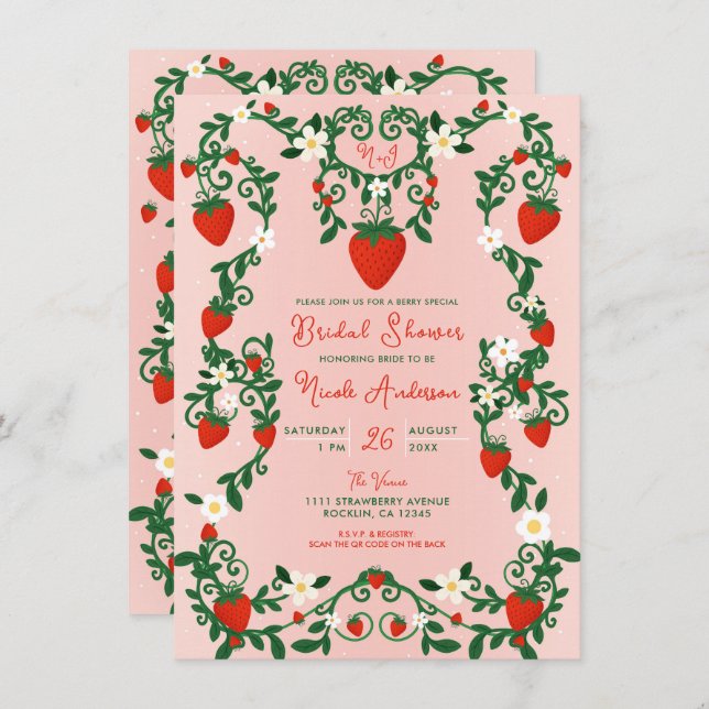 Invitación Floral rosa y roja Vines Strawberry Bridal Ducha (Anverso / Reverso)