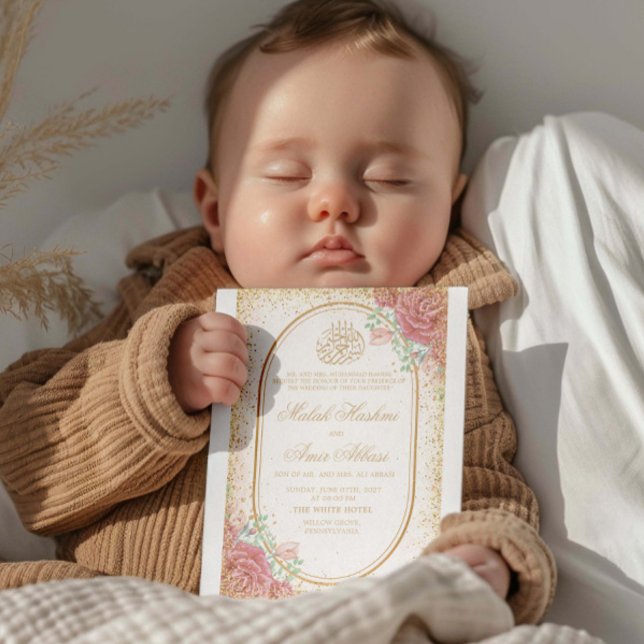 Invitación Floral rosa y Rosa brillante boda musulmana islámi (Subido por el creador)