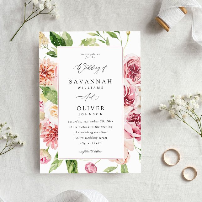 Invitación Floral rosa y rosa y verde Boda V2 con marco (Subido por el creador)