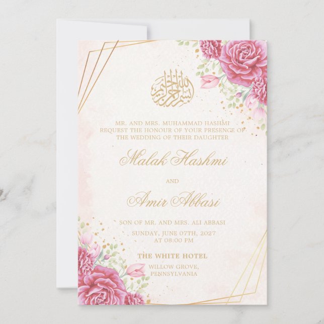 Invitación Floral rosa y Rosas boda musulmana islámica de oro (Anverso)