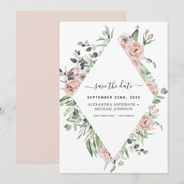 Invitación Floral rosa y turbia salva la vegetación de la fec (Anverso / Reverso)