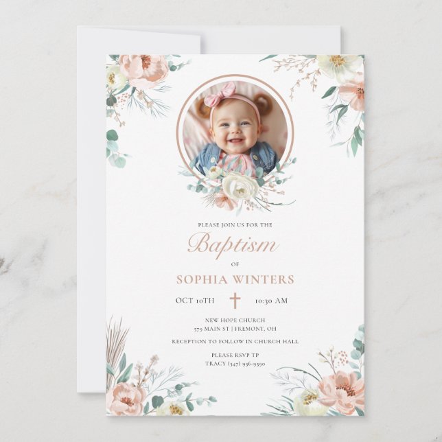 Invitación Floral Rosa Y Verdor Foto Bautismo (Anverso)