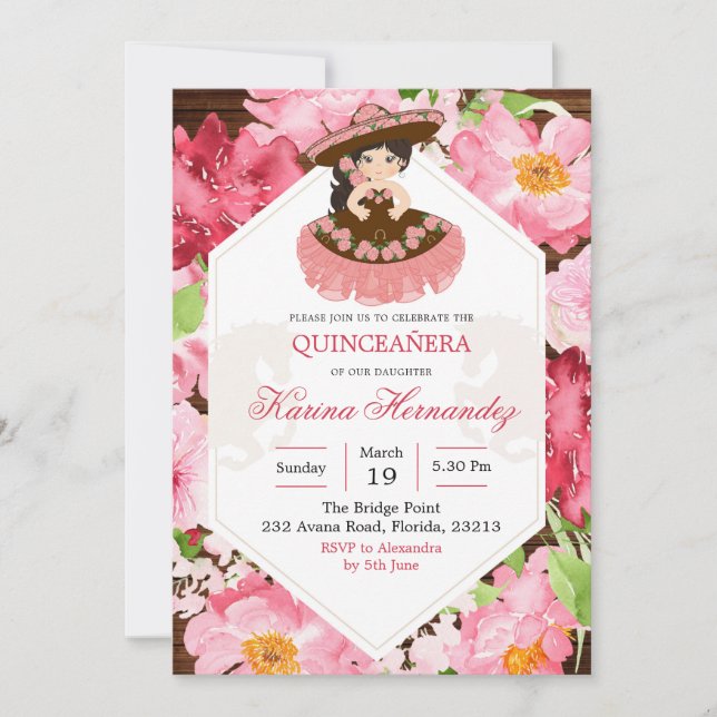 Invitación floral rosada Charra Rustica Mexicana (Anverso)