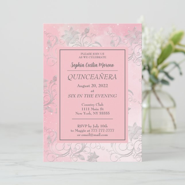 Invitación floral rosada con deslizante (Anverso de pie)