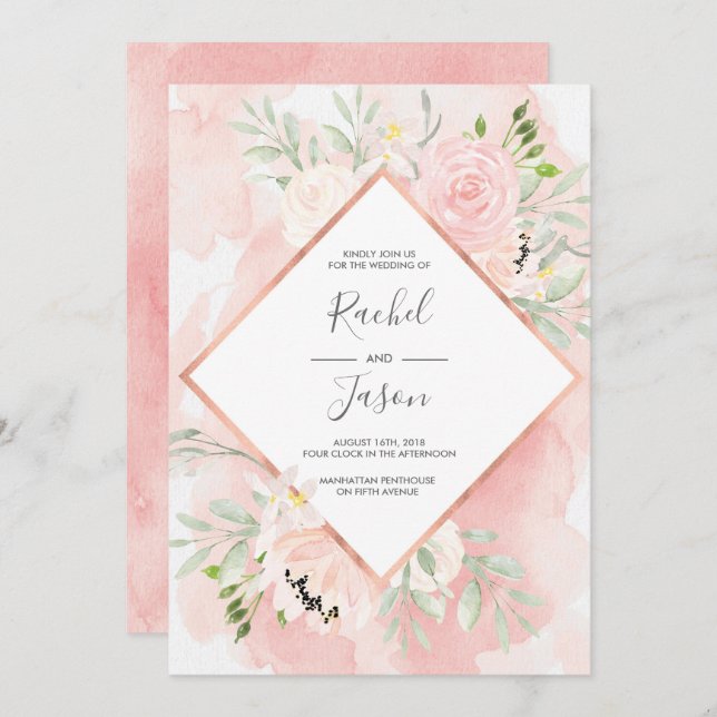 Invitación floral rosada de la boda de la acuarela (Anverso / Reverso)