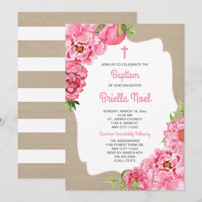 Invitación Floral rosada de moda + bautismo de lienzo invitar (Anverso / Reverso)