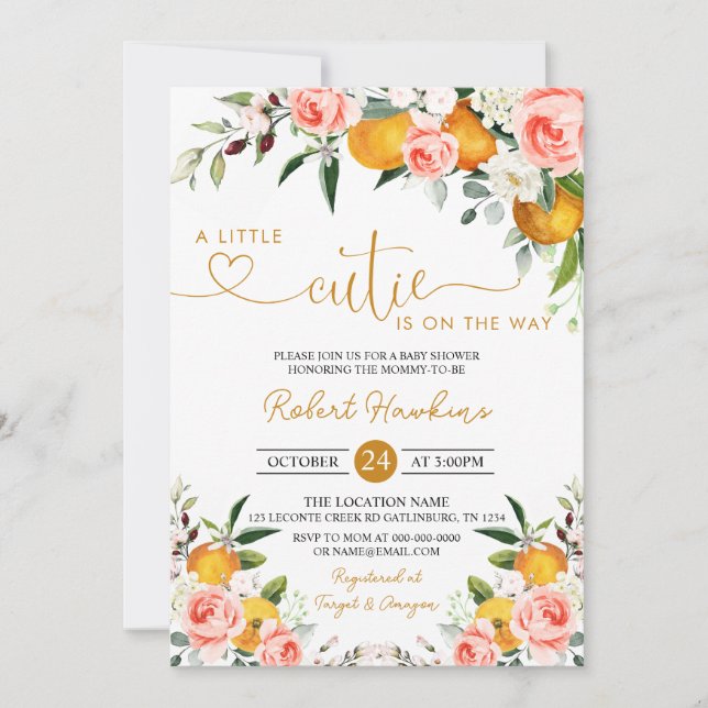 Invitación Floral rosada, Naranja pequeña cutie Baby Shower (Anverso)