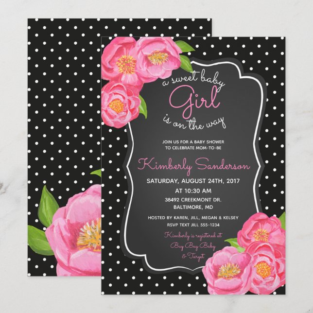 Invitación floral rosada negra y blanca de Baby (Anverso / Reverso)