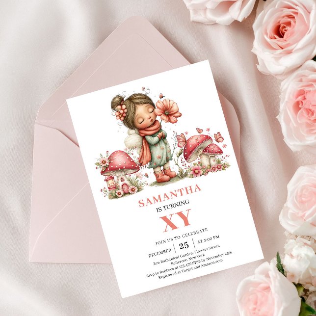 Invitación Floral Rosada para el 5to Cumpleaños de (Bloom Fairy 5th Birthday Blush Floral Invitation)