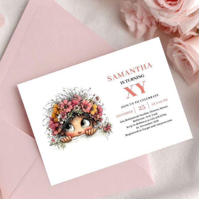 Invitación Floral Rosada para el 6to Cumpleaños de (Cute Fairy Girl 6th Birthday Floral Blush invitation)
