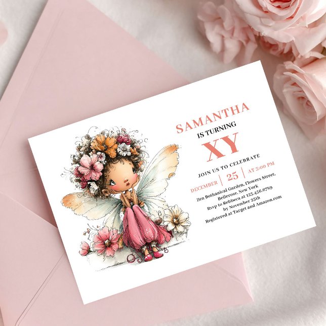 Invitación Floral Rosada para el 6to Cumpleaños de (Pretty Fairy Girl 6th Birthday Floral Blush invitation)